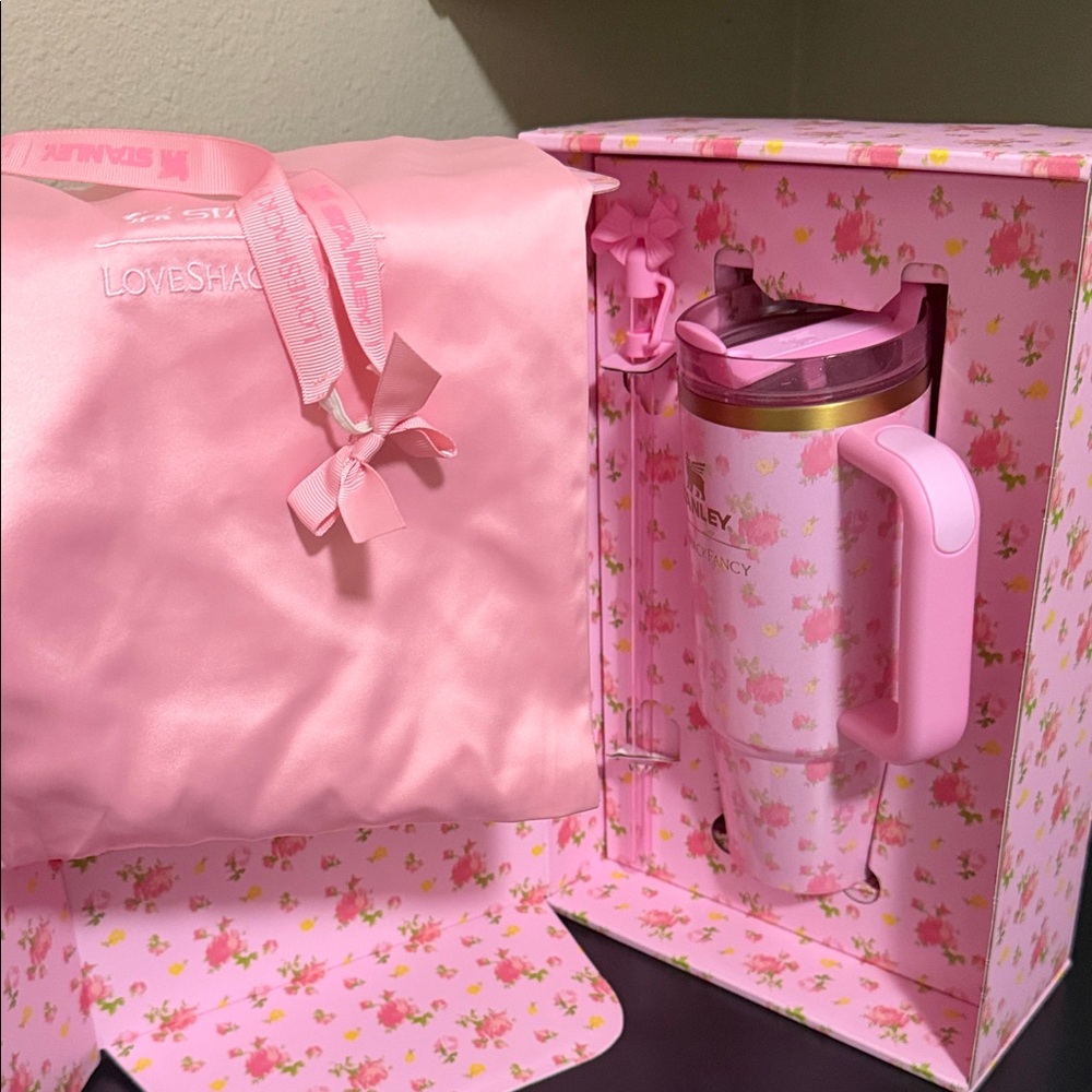 LoveShackFancy Pink Floral Tumbler and Bag Set